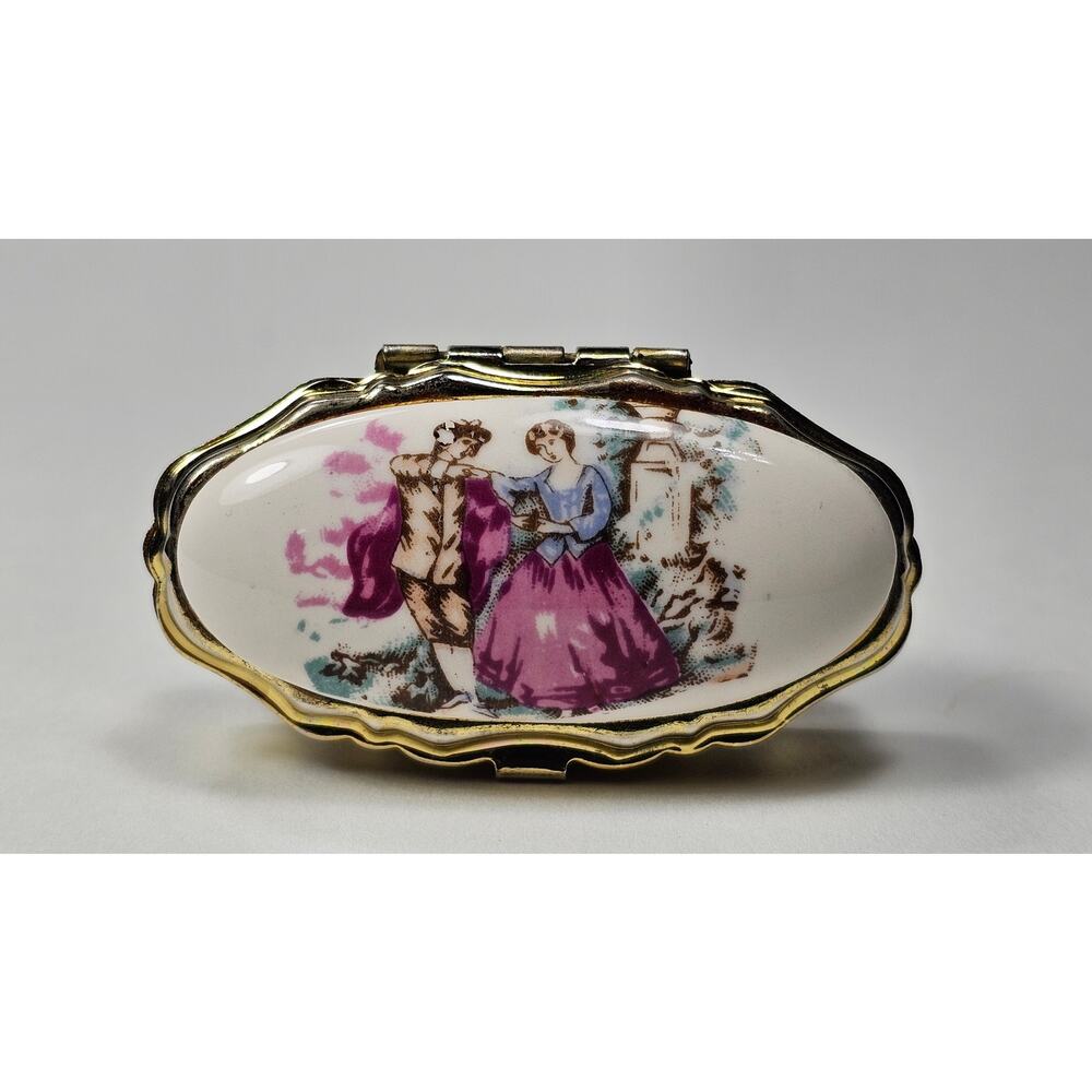 Vintage Gold Tone Oval Pill Box Courting Couple Fragonard Style 2 Compartment